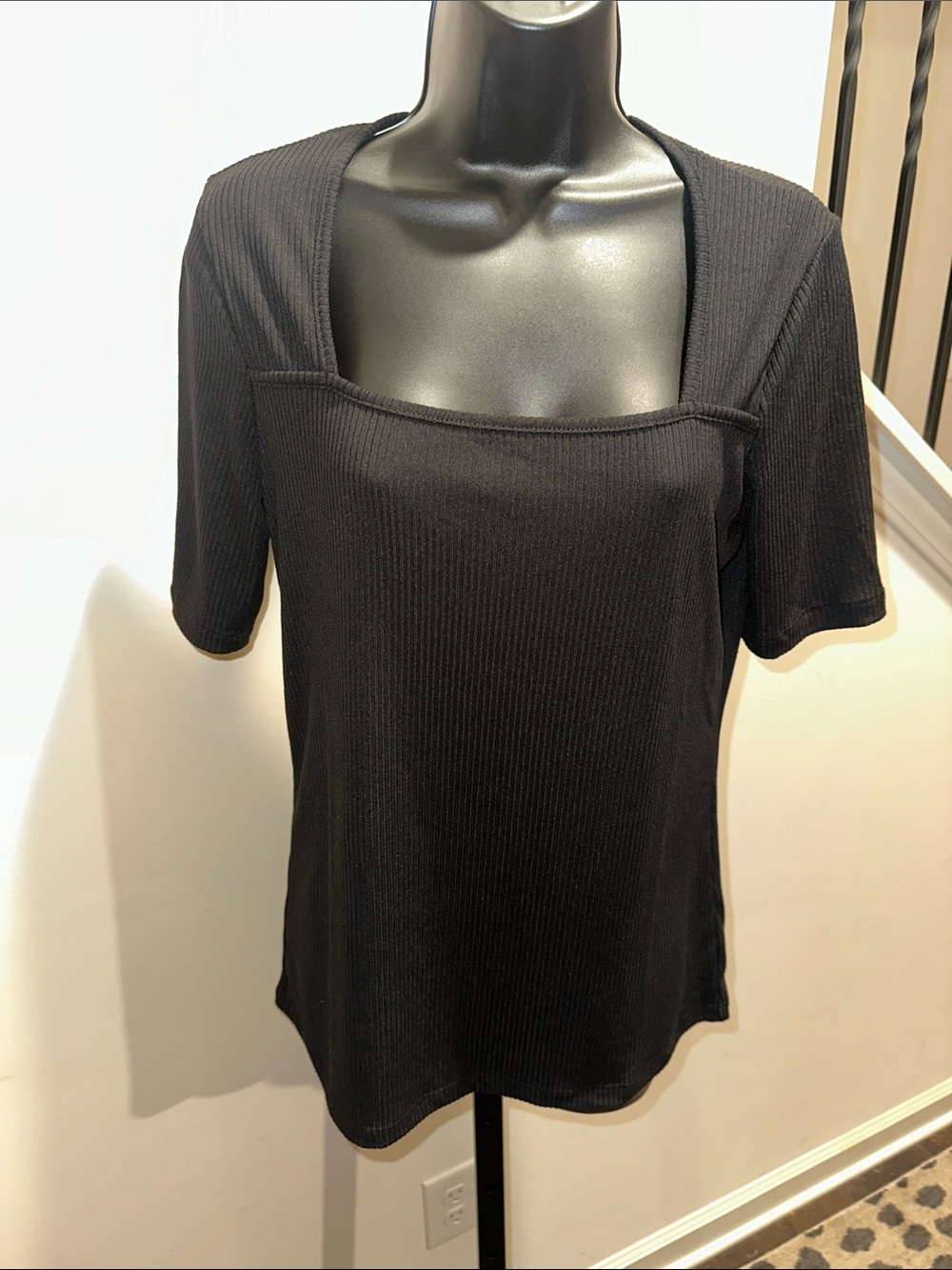 white birch Black Ribbed Square Neck Short Sleeve Top